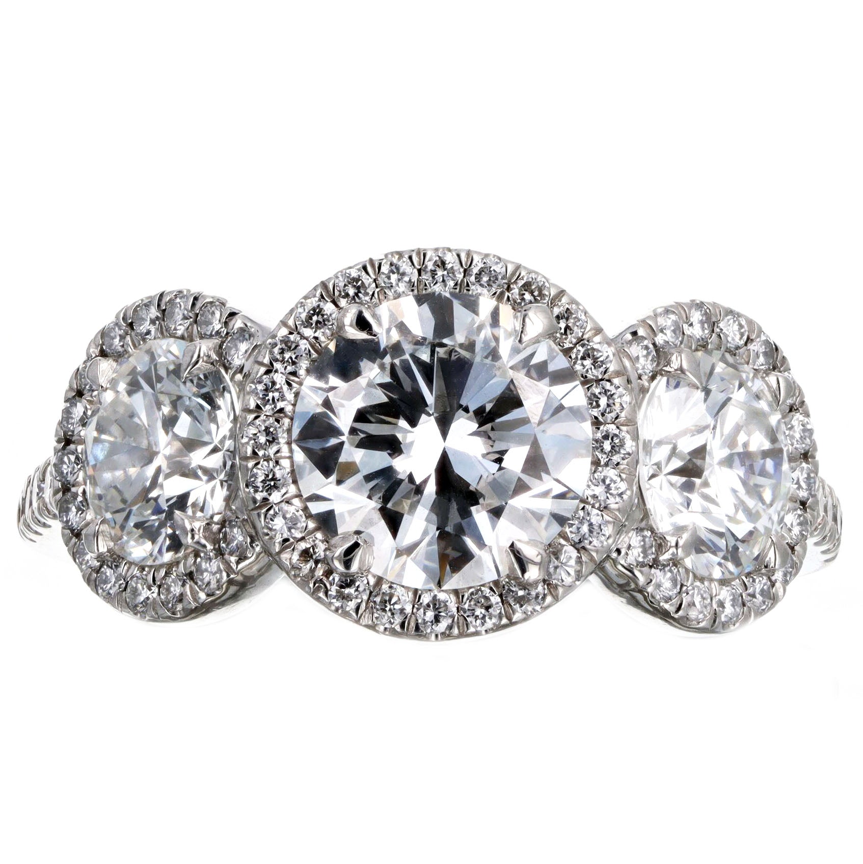 1.47 Carat Round Brilliant Diamond Three Stone Halo Engagement Ring in Platinum GIA Certified - Queen May