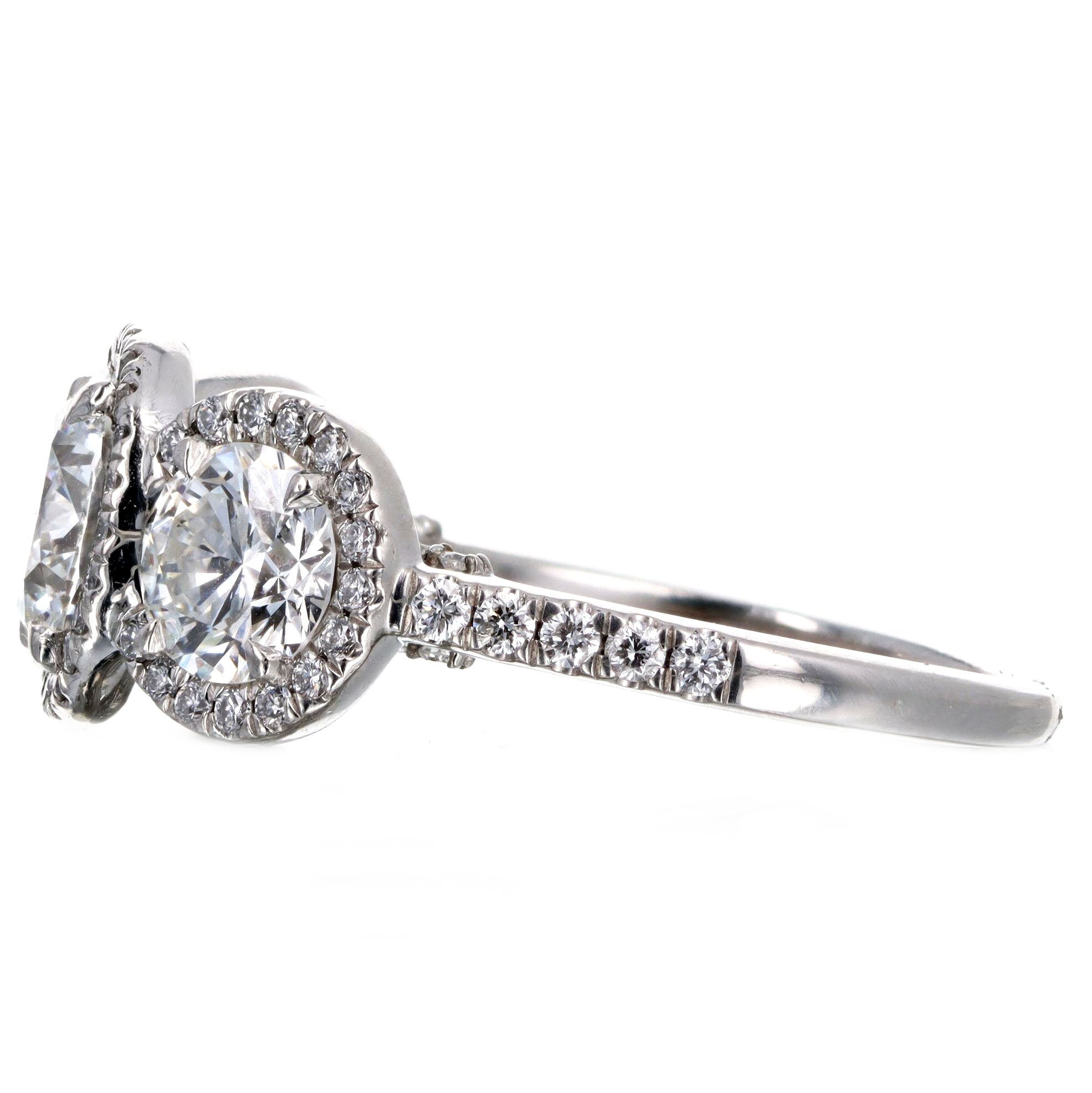 1.47 Carat Round Brilliant Diamond Three Stone Halo Engagement Ring in Platinum GIA Certified - Queen May