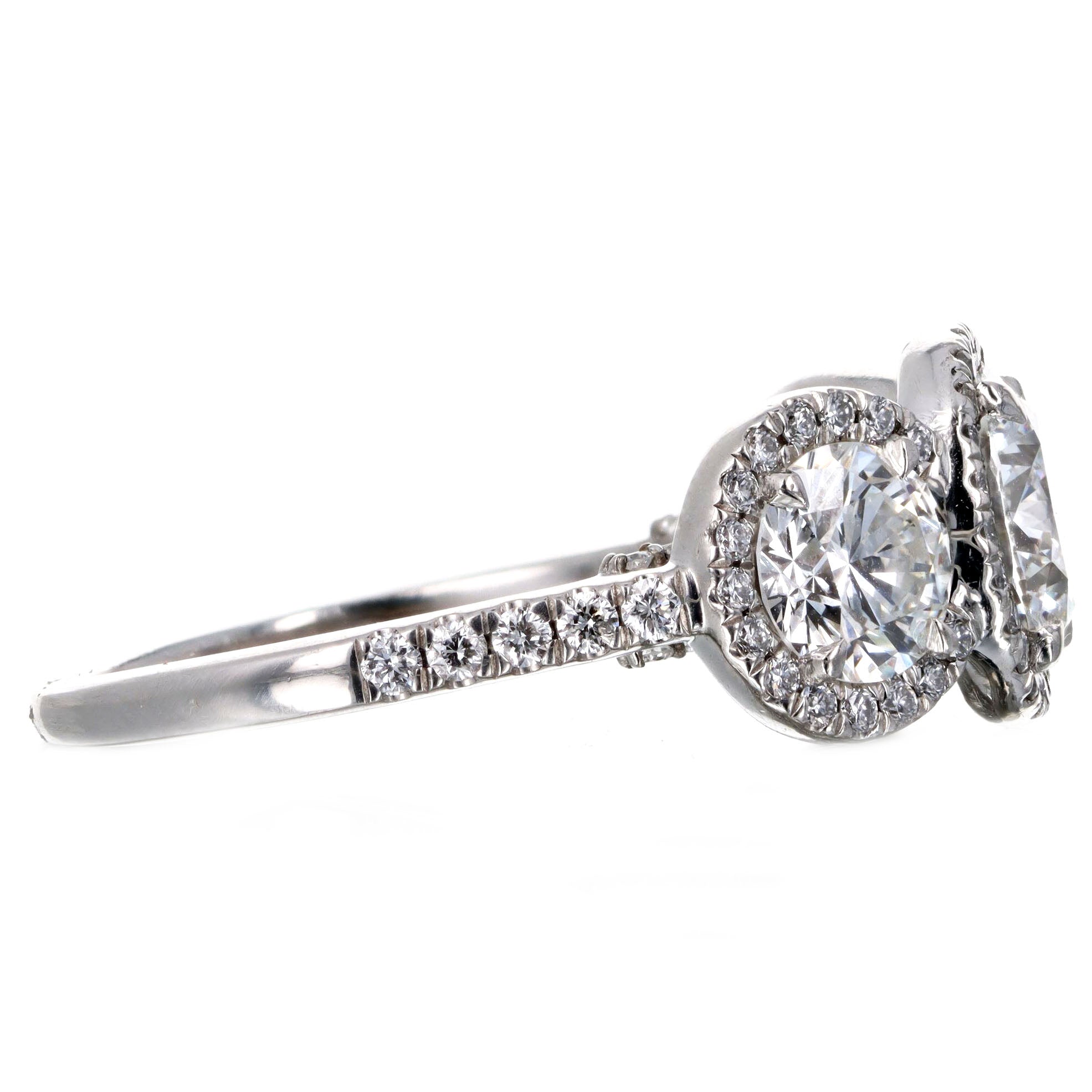 1.47 Carat Round Brilliant Diamond Three Stone Halo Engagement Ring in Platinum GIA Certified - Queen May