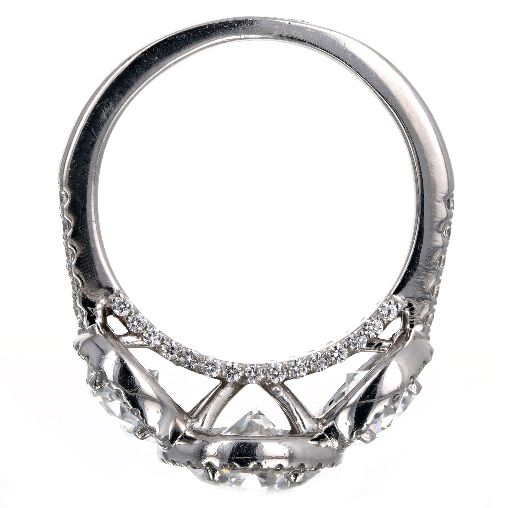 1.47 Carat Round Brilliant Diamond Three Stone Halo Engagement Ring in Platinum GIA Certified - Queen May