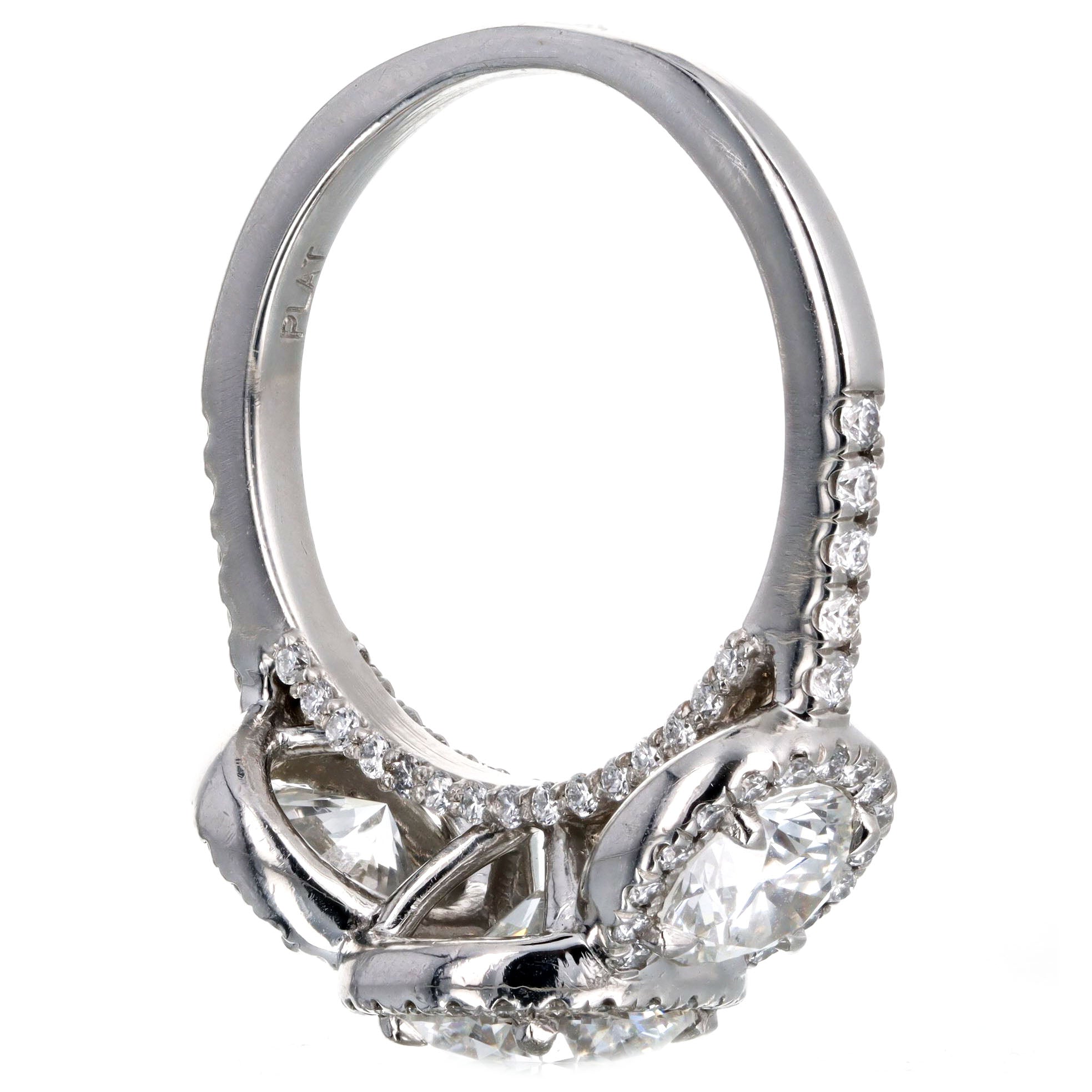 1.47 Carat Round Brilliant Diamond Three Stone Halo Engagement Ring in Platinum GIA Certified - Queen May