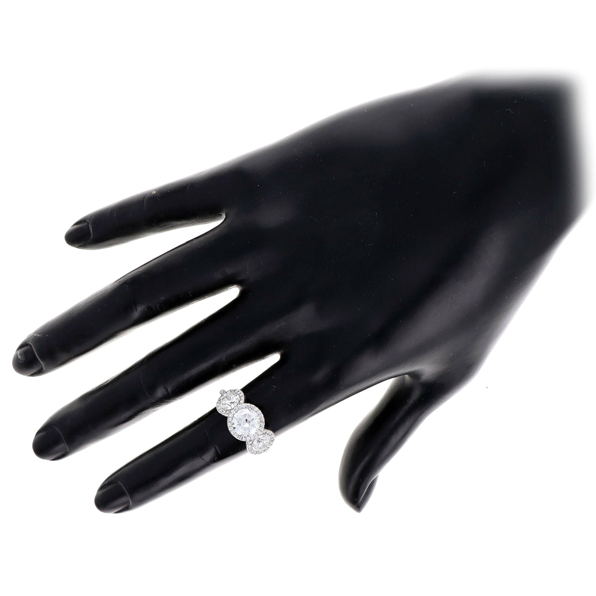 1.47 Carat Round Brilliant Diamond Three Stone Halo Engagement Ring in Platinum GIA Certified - Queen May