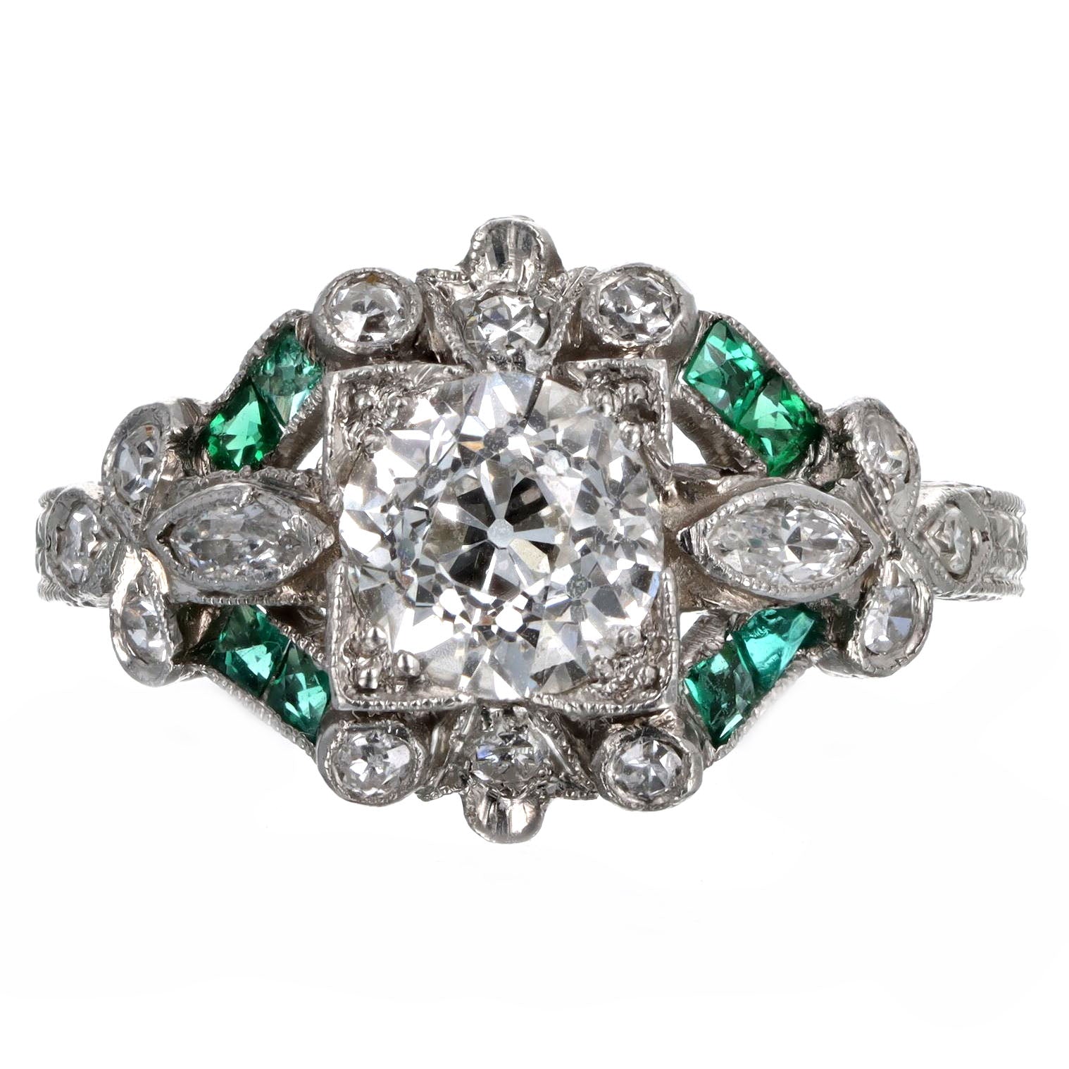 Art Deco Platinum 0.90 Carat Old European Cut Diamond & Natural Emerald Engagement Ring - Queen May