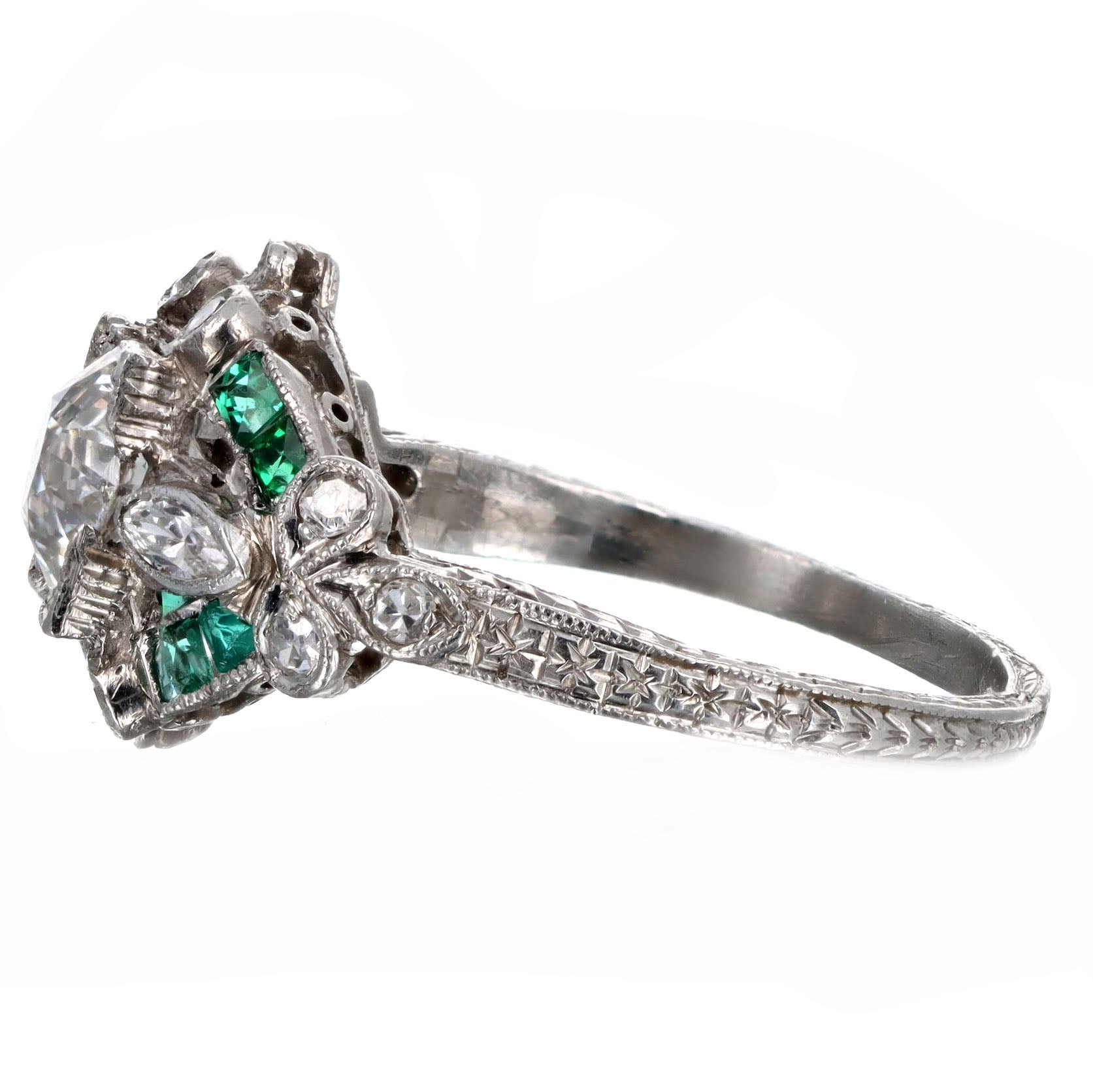 Art Deco Platinum 0.90 Carat Old European Cut Diamond & Natural Emerald Engagement Ring - Queen May