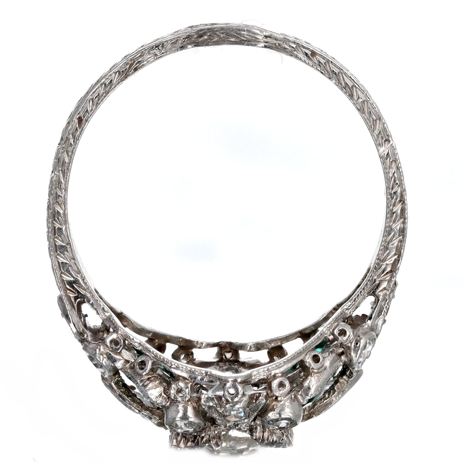Art Deco Platinum 0.90 Carat Old European Cut Diamond & Natural Emerald Engagement Ring - Queen May