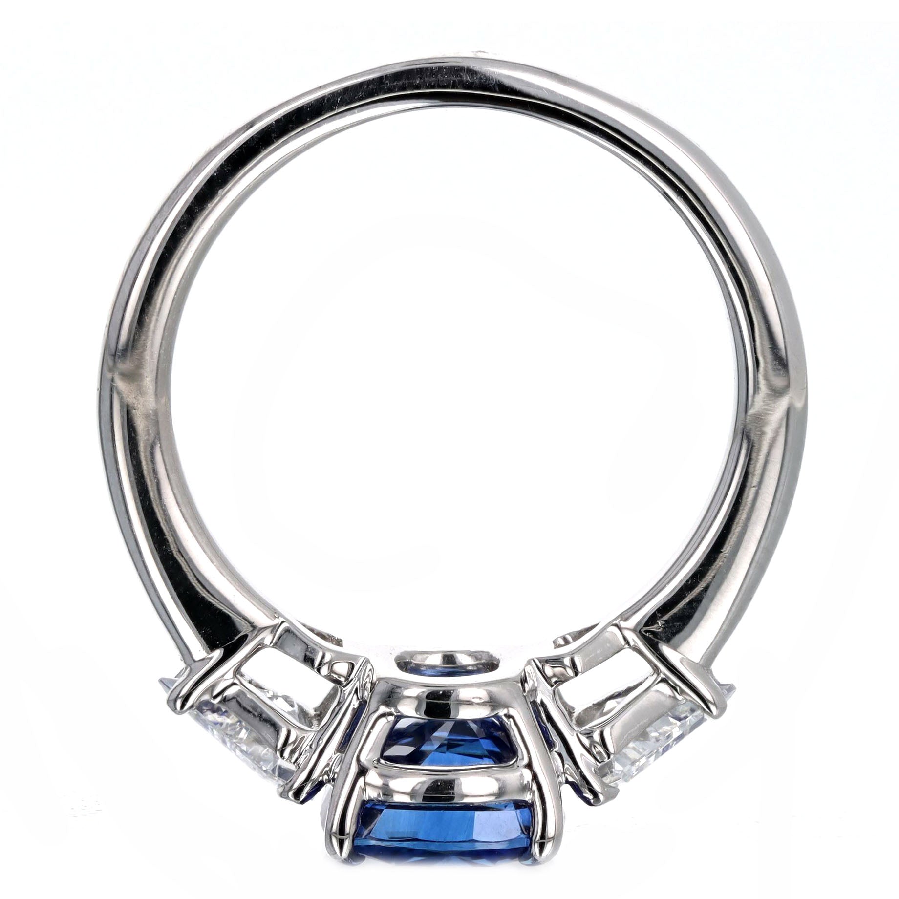 3.72 Carat Cushion Natural Sapphire Shield Diamond Three Stone Ring in Platinum GIA Certified - Queen May