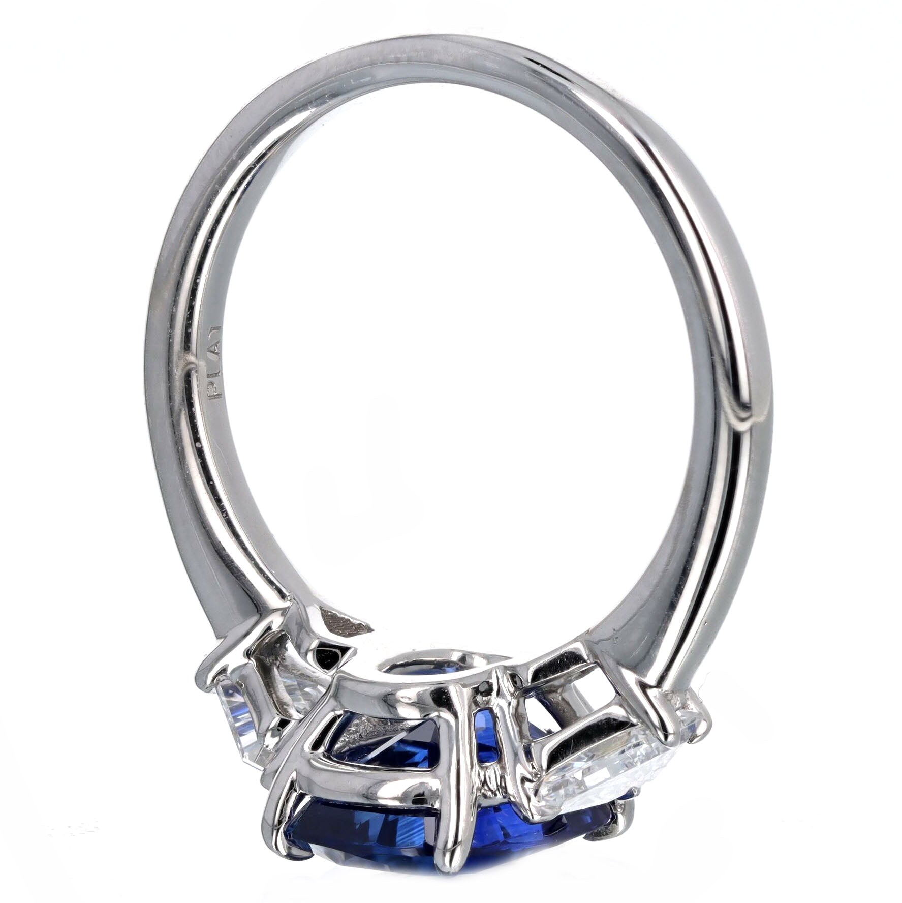 3.72 Carat Cushion Natural Sapphire Shield Diamond Three Stone Ring in Platinum GIA Certified - Queen May