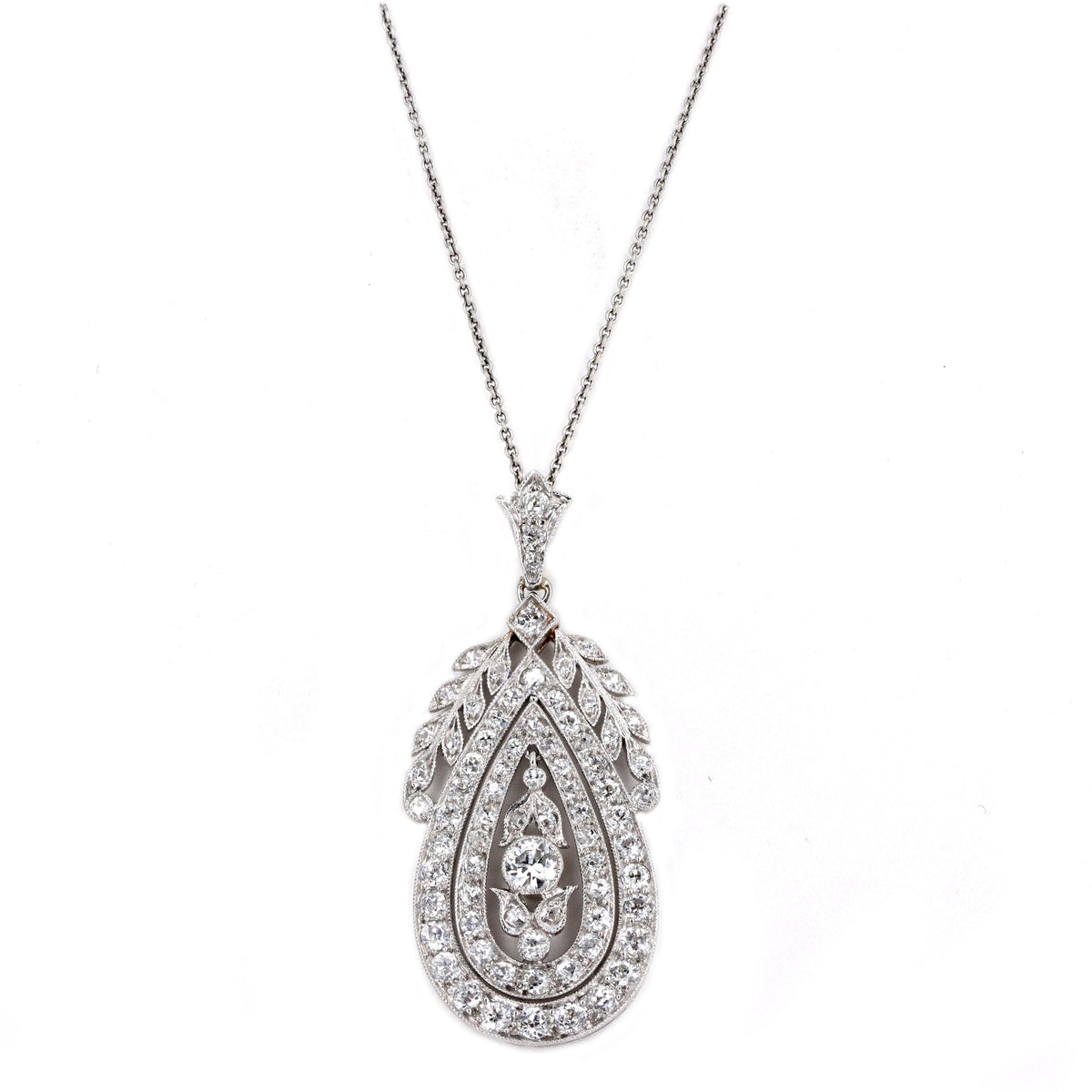 Edwardian Platinum 3 Carat Total Weight Old European Diamond Pendant Necklace - Queen May