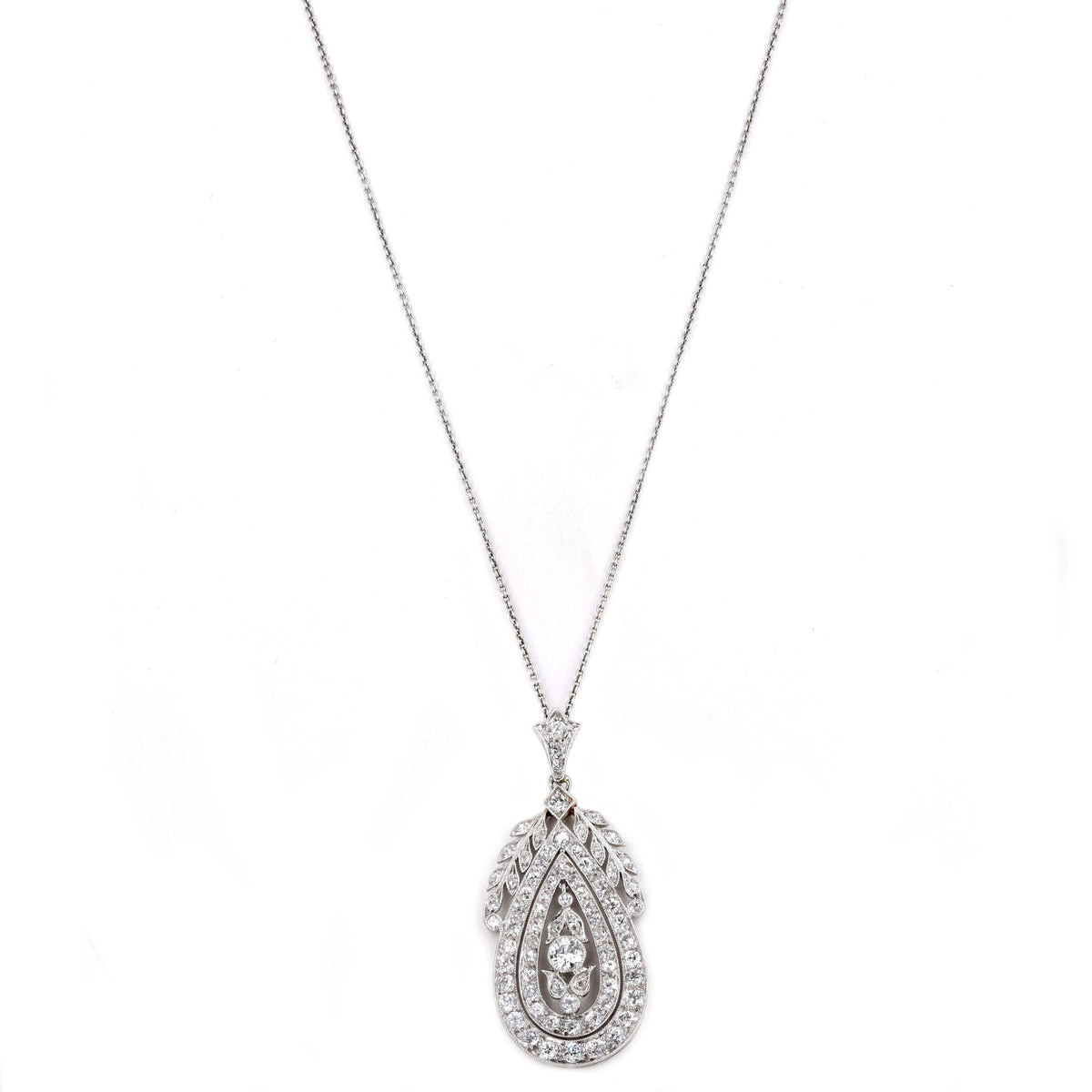 Edwardian Platinum 3 Carat Total Weight Old European Diamond Pendant Necklace - Queen May