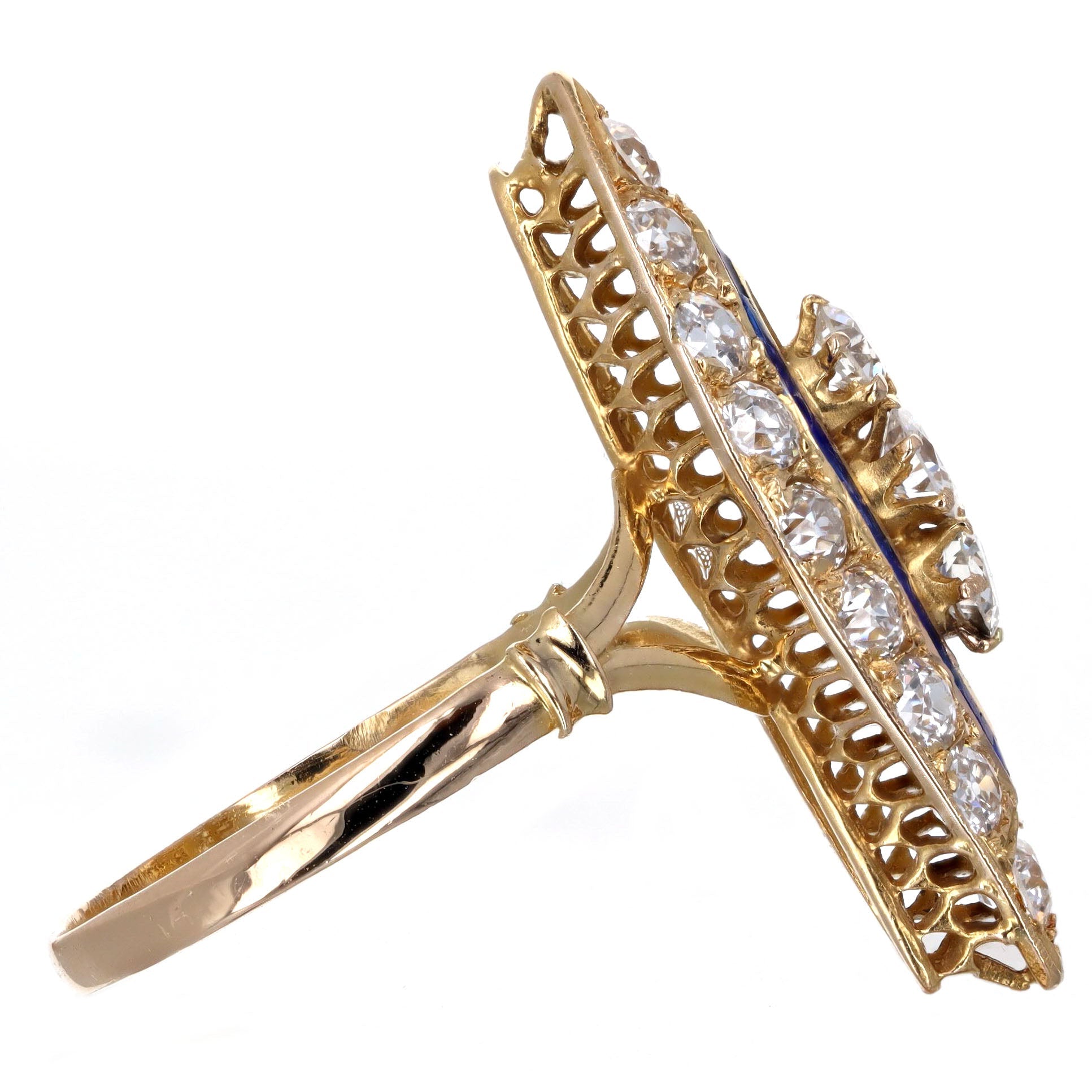 Victorian 1.25 Carat Total Weight Old European Diamond Enamel Navette Ring in 18K Yellow Gold - Queen May