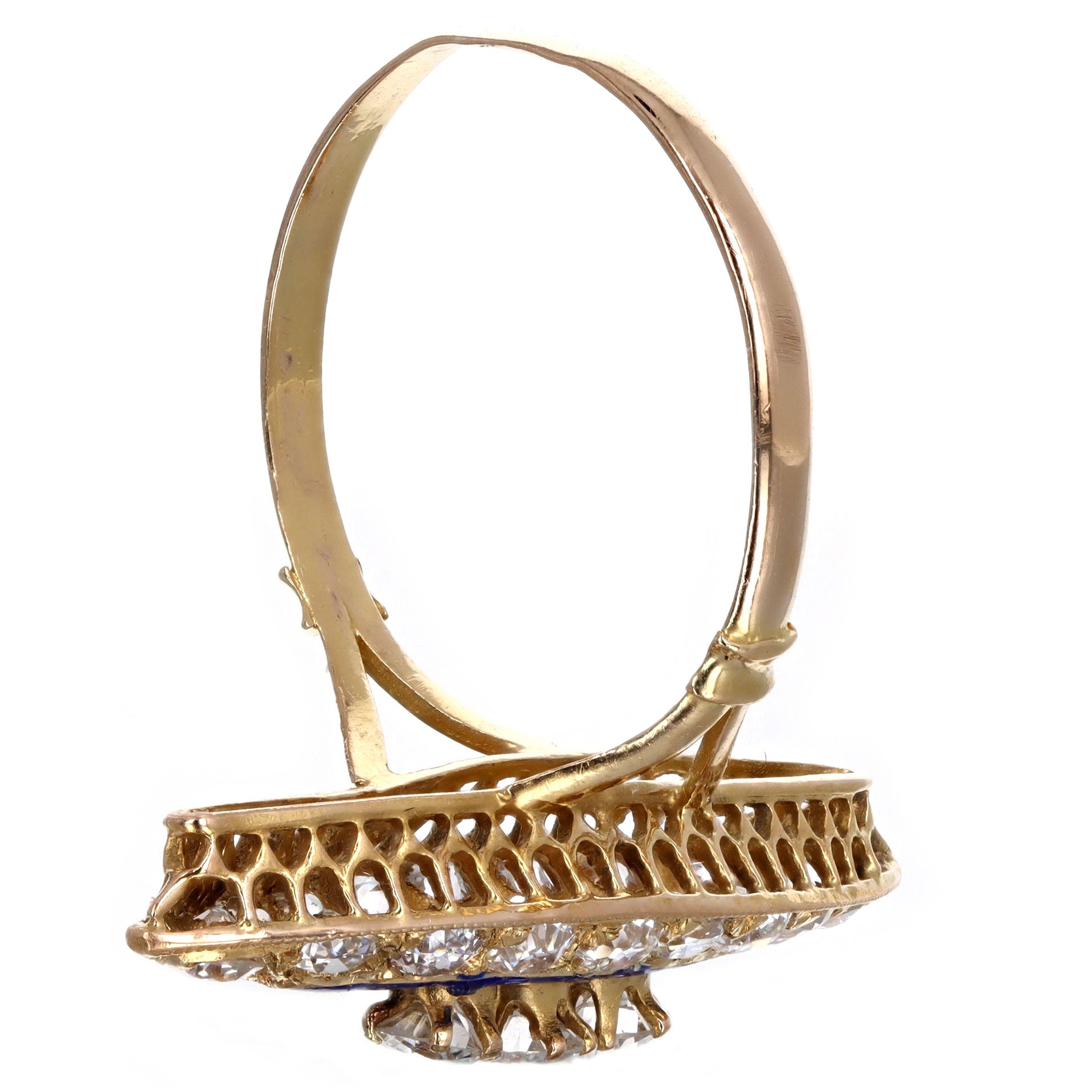 Victorian 1.25 Carat Total Weight Old European Diamond Enamel Navette Ring in 18K Yellow Gold - Queen May