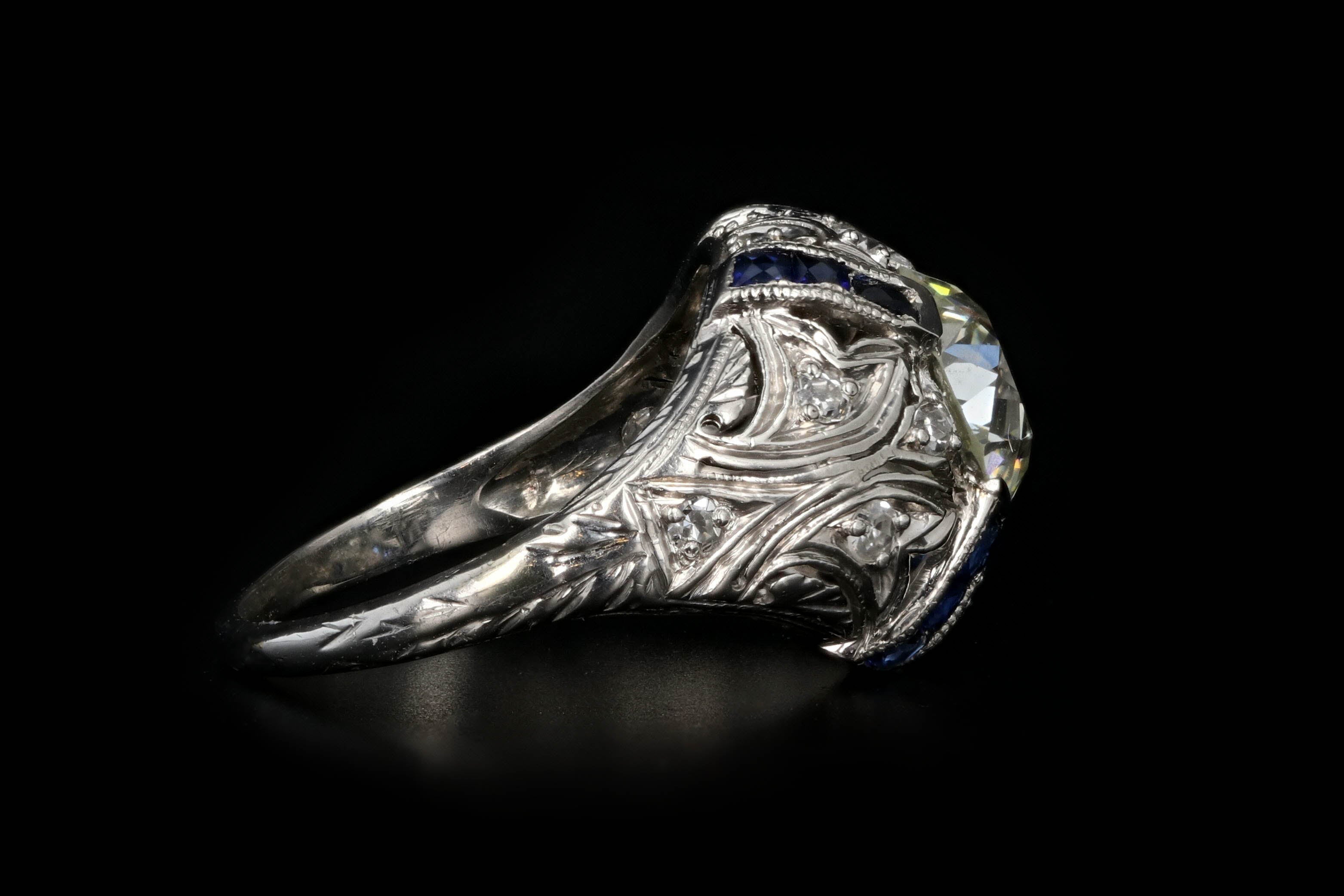 Art Deco Platinum 2 CTR Old European Cut Diamond And French Cut Sapphires Engagement Ring GIA Certified - Queen May