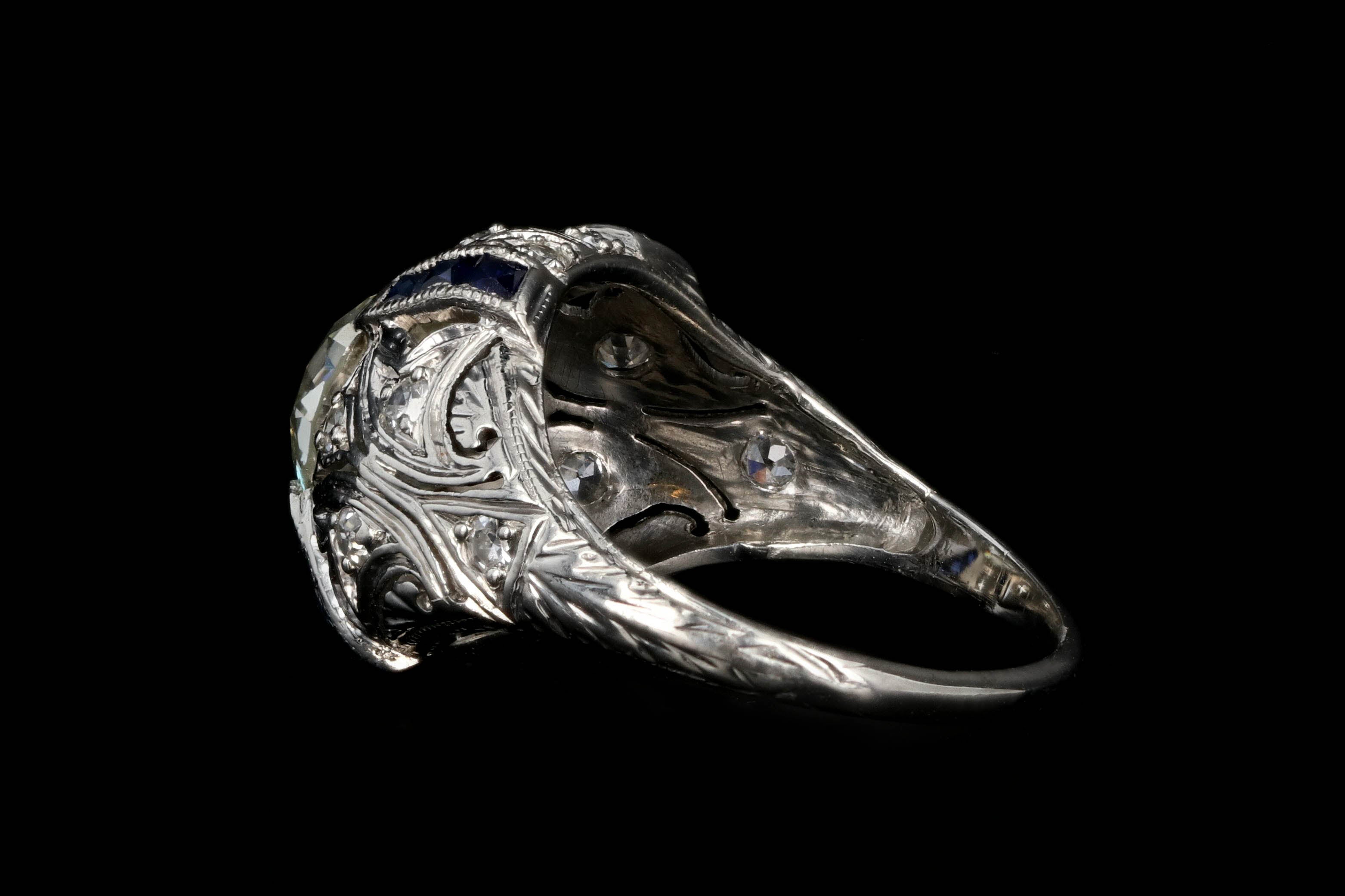 Art Deco Platinum 2 CTR Old European Cut Diamond And French Cut Sapphires Engagement Ring GIA Certified - Queen May