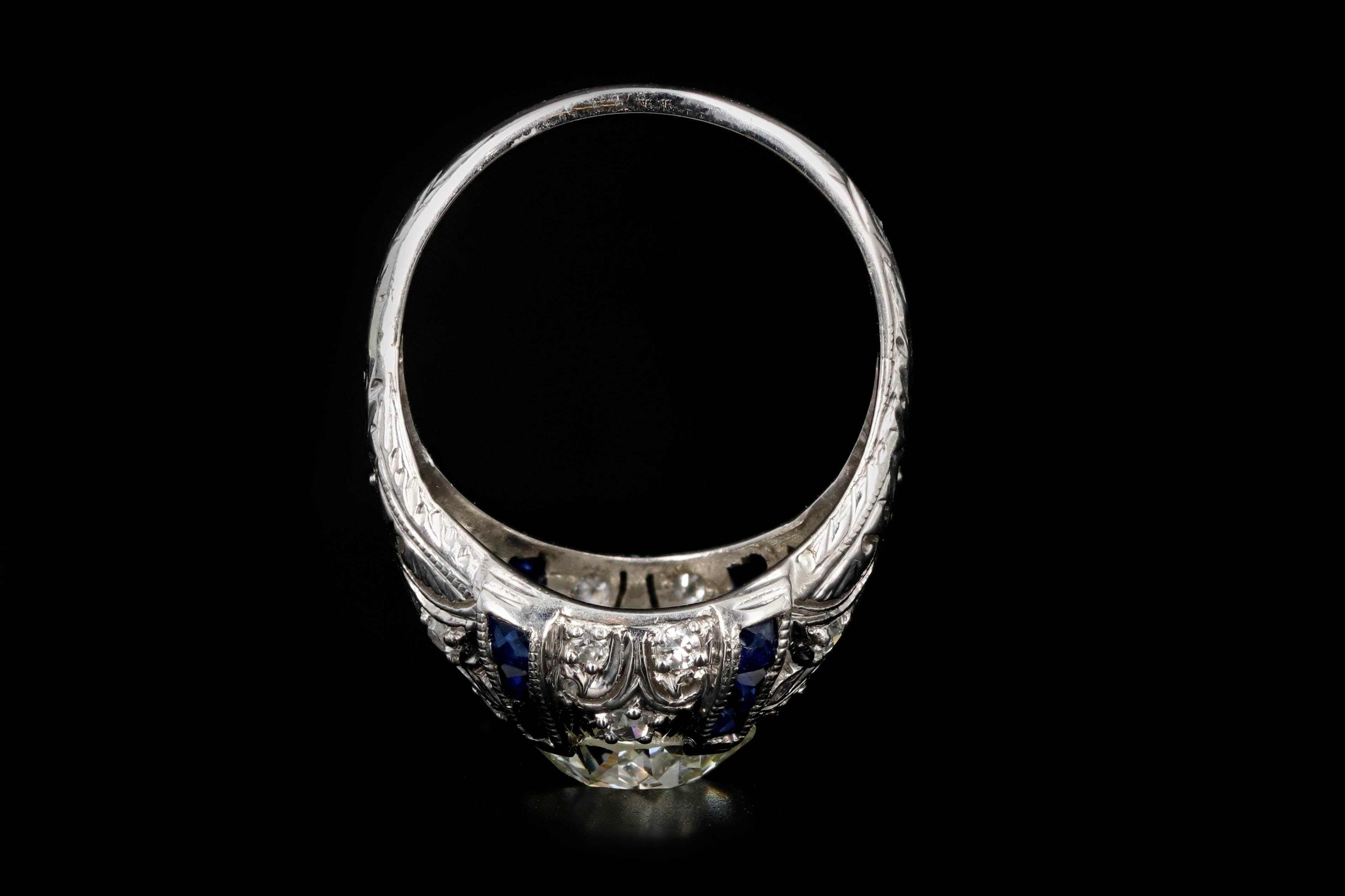 Art Deco Platinum 2 CTR Old European Cut Diamond And French Cut Sapphires Engagement Ring GIA Certified - Queen May