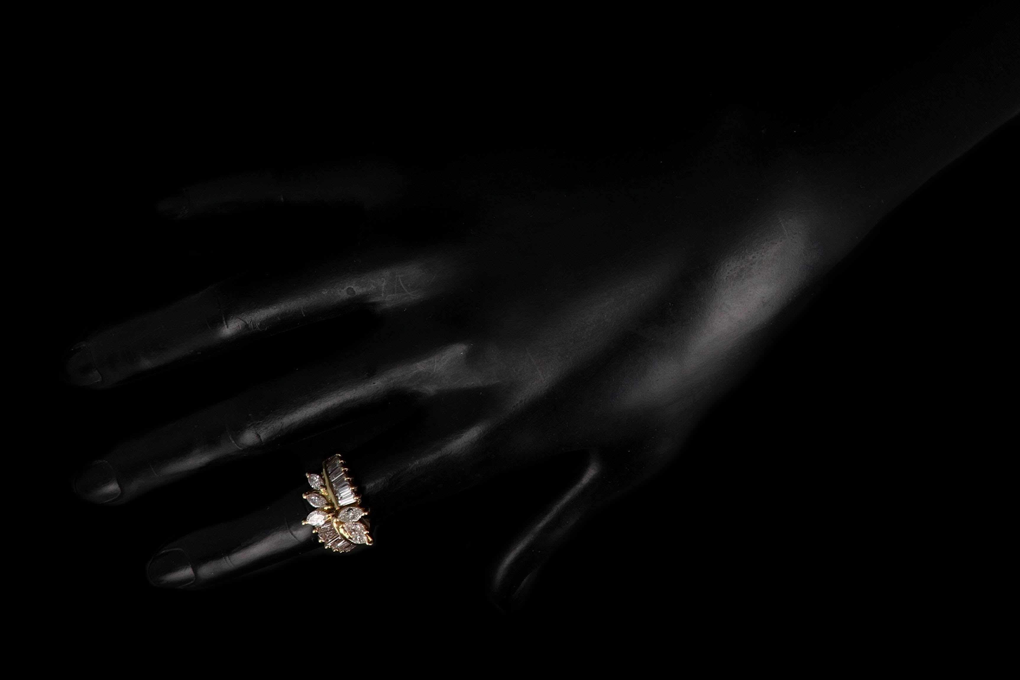 Retro 18K Yellow Gold 2.5 CTW Marquise and Tapered Baguette Diamond Ring - Queen May