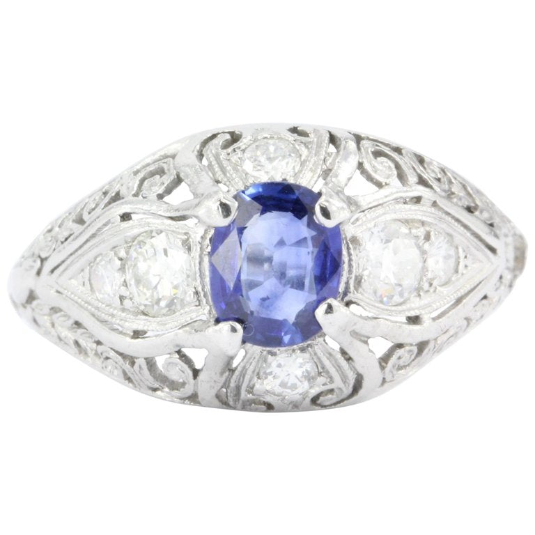 Art Deco Platinum Natural Sapphire & Old European Cut Diamond Ring c. 1920's - Queen May