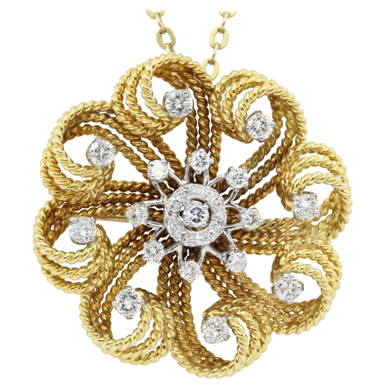 Retro 18K Gold Diamond Flower Swirl Pendant Necklace - Queen May