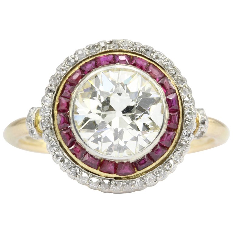 Edwardian 18K Gold Platinum Top Ruby & Old European Cut Diamond Ring - Queen May