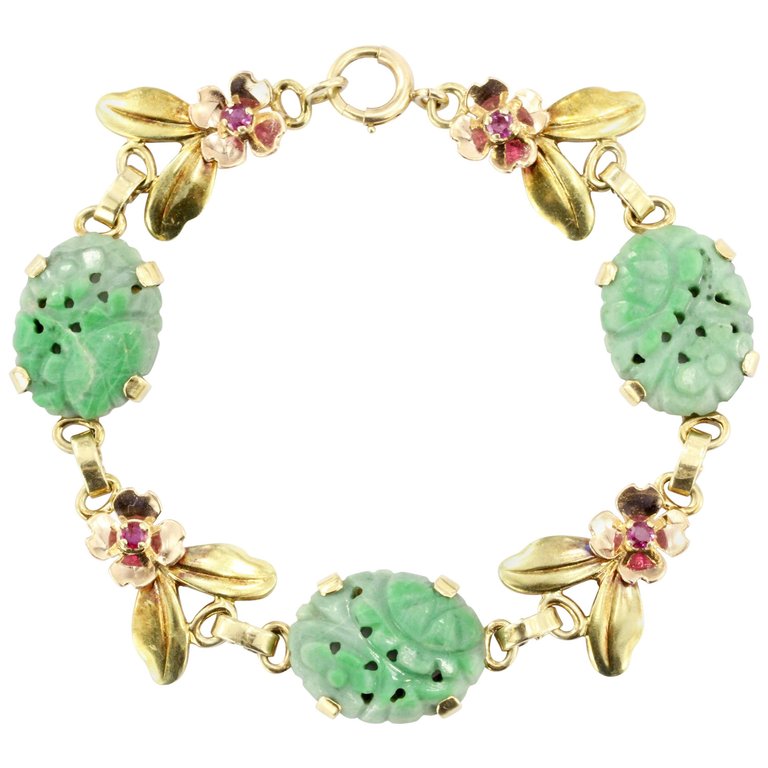 Tiffany & Co 14K Yellow and Rose Gold Jade and Ruby Floral Link Bracelet - Queen May