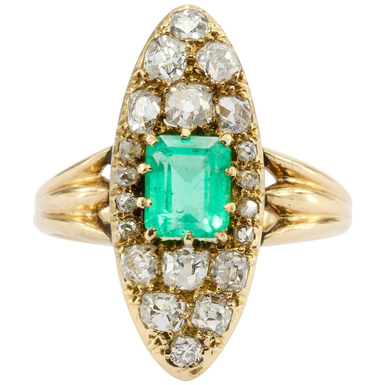Edwardian 15K Gold Emerald & Old Mine Cut Diamond Navette Ring c.1900 - Queen May