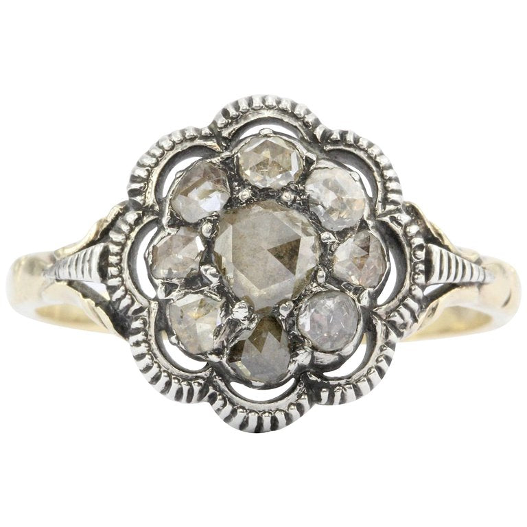 Georgian 15k Gold Foil Backed Rose Cut Diamond Floral Cluster Ring c.1800 - Queen May
