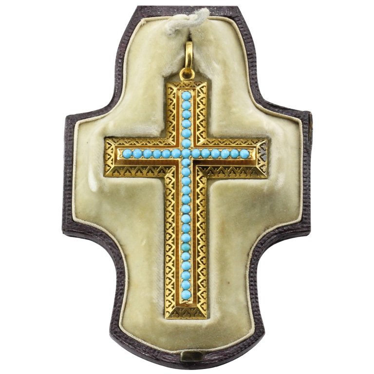 Victorian 15K Gold Persian Turquoise Pierced Cross Pendant c.1880 in Box - Queen May