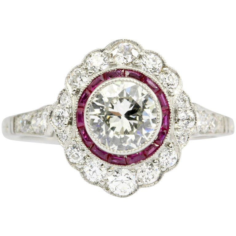 Edwardian Style Platinum .63 CT Diamond Ruby Halo Handmade Ring Size 6 - Queen May
