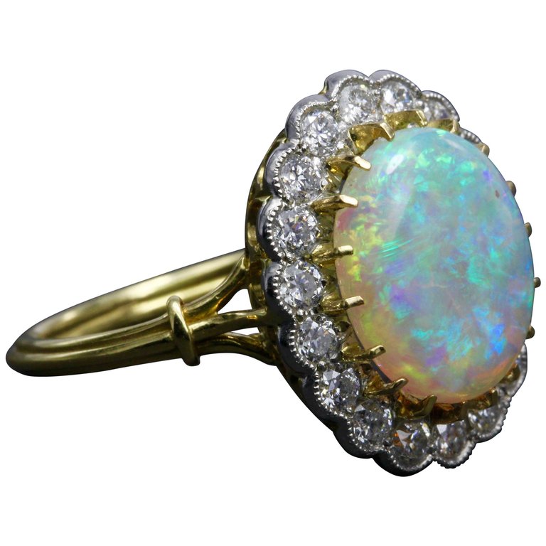 Victorian Revival 18K White Gold and Platinum Opal and Diamond Halo Ring - Queen May