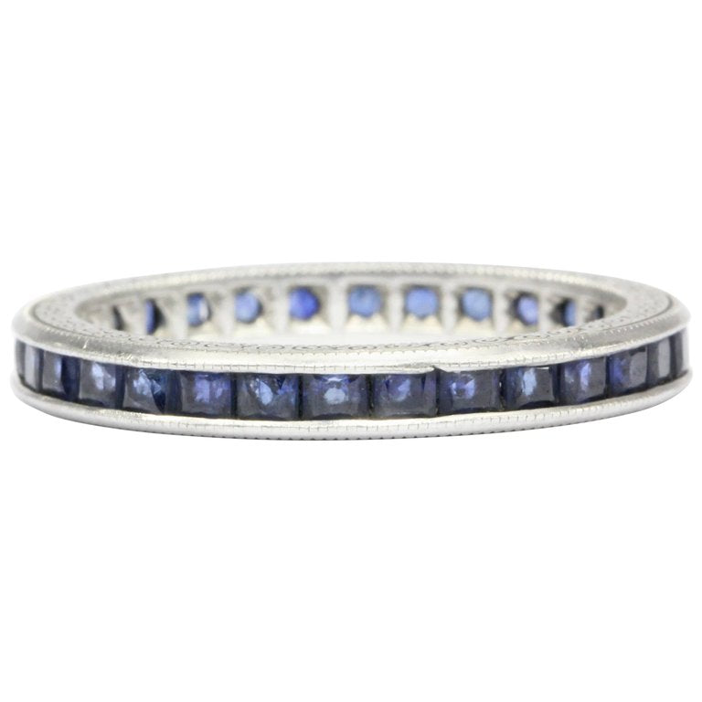 Rare Art Deco Platinum 1 CTW Natural Sapphire Band Engraved Size 6.5 - Queen May