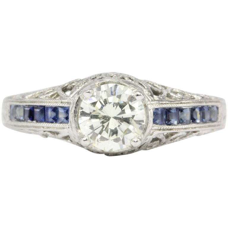 Art Deco Style 14K White Gold 1 Carat Diamond and Sapphire Ring Size 7 - Queen May