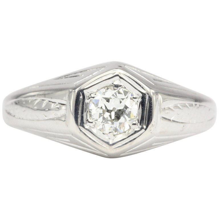 Art Deco 20K White Gold Old European Cut Diamond Ring Size 8 - Queen May