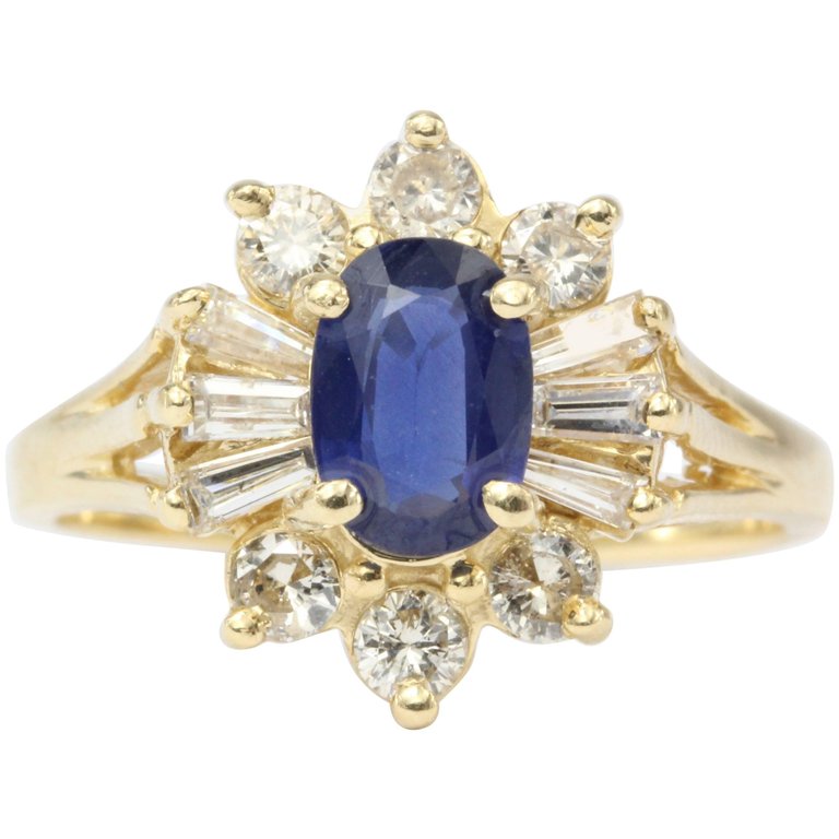 14K Yellow Gold .80 Carat Natural Sapphire and Diamond Halo Ring - Queen May