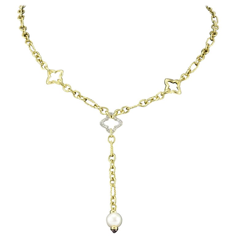 David Yurman 18K Yellow Gold and Pearl Quatrefoil Link Drop Necklace - Queen May