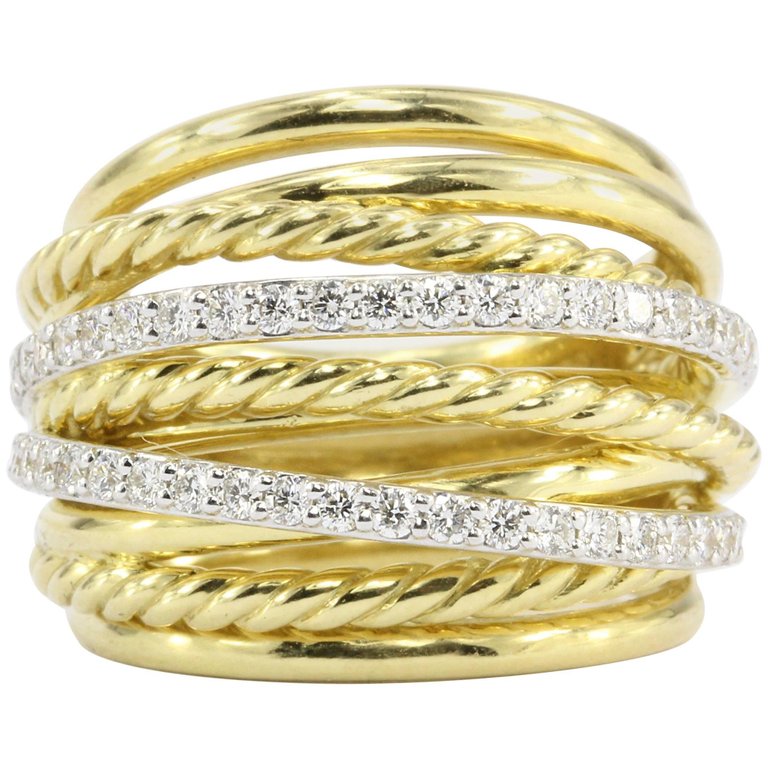 David Yurman Crossover Rope Domed 18K Yellow Gold Diamond Band - Queen May