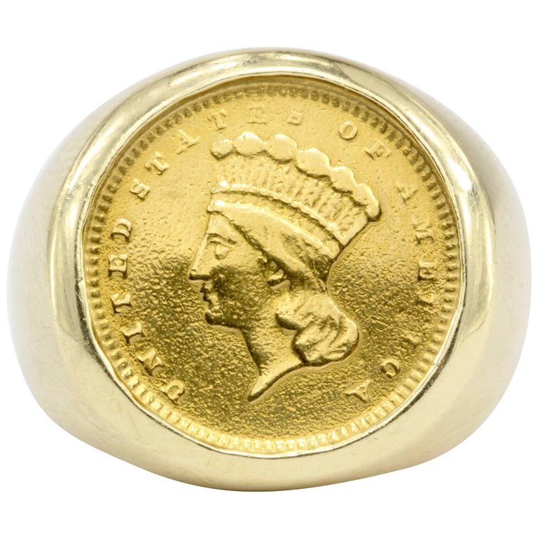 1856 $1 US Indian Head Princess 14K Yellow Gold Ring Size 4.5 - Queen May