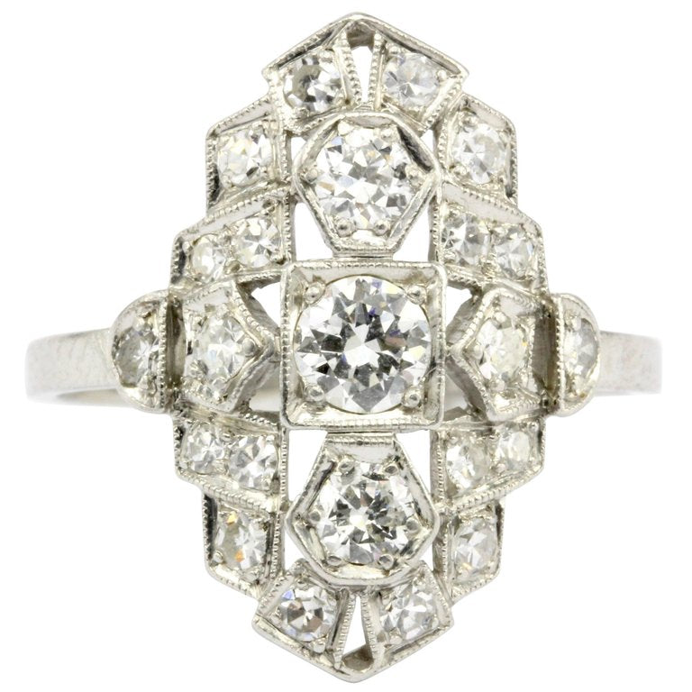 Art Deco Platinum and Diamond Shield Ring Size 7.75 - Queen May