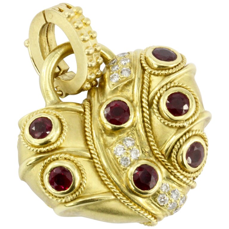 18K Brushed Yellow Gold Natural Sapphire Natural Ruby and Diamond Heart Shaped Enhancer Pendant - Queen May