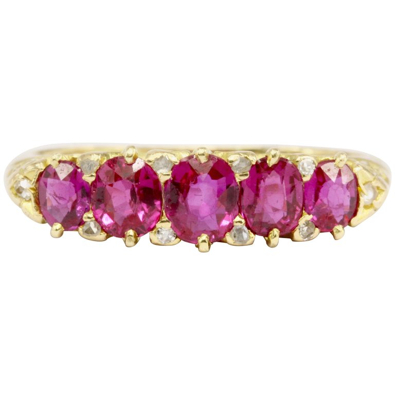 Victorian 18K Yellow Gold Natural No Heat Burma Pink Sapphire Five Stone Half Band Ring Size 7 - Queen May