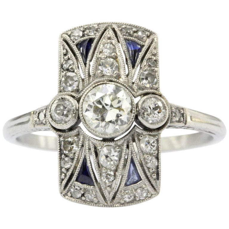 Art Deco 18K White Gold Diamond and Sapphire Ring - Queen May