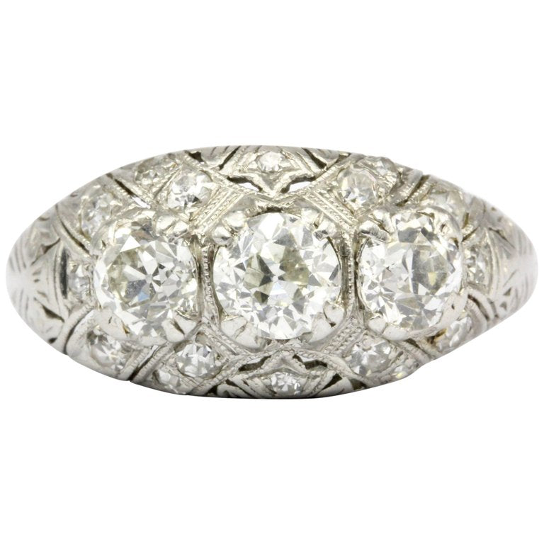 Art Deco Platinum 3 Stone Old European Cut Diamond Ring Size 6.25 - Queen May