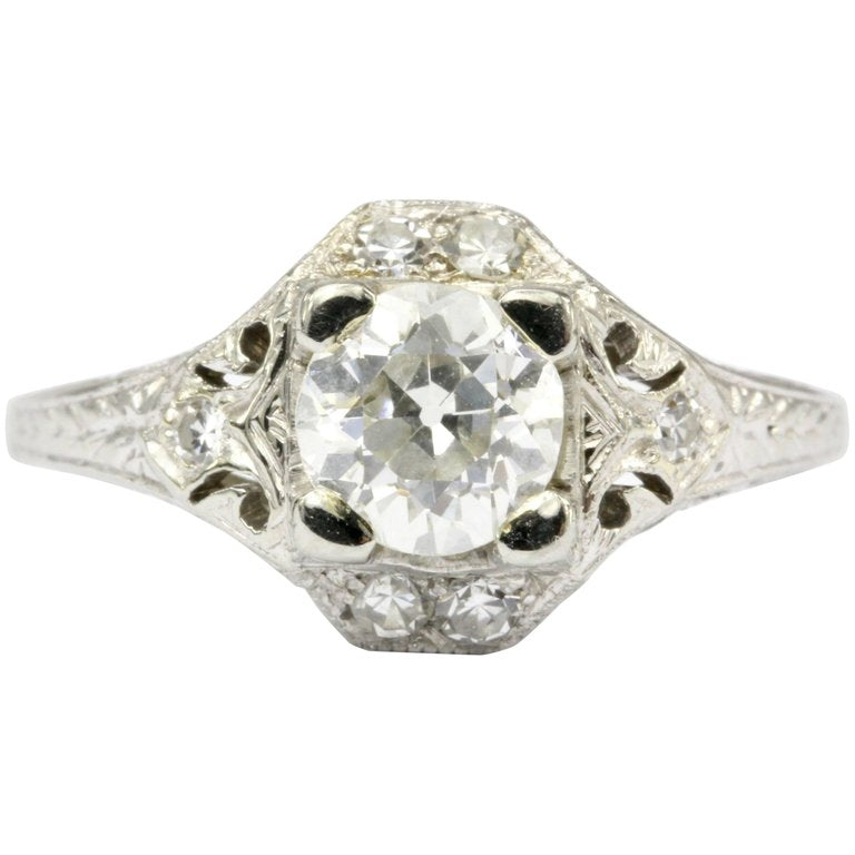Art Deco 18K White Gold .80 CT Diamond Filigree Engagement Ring IGI Paperwork - Queen May