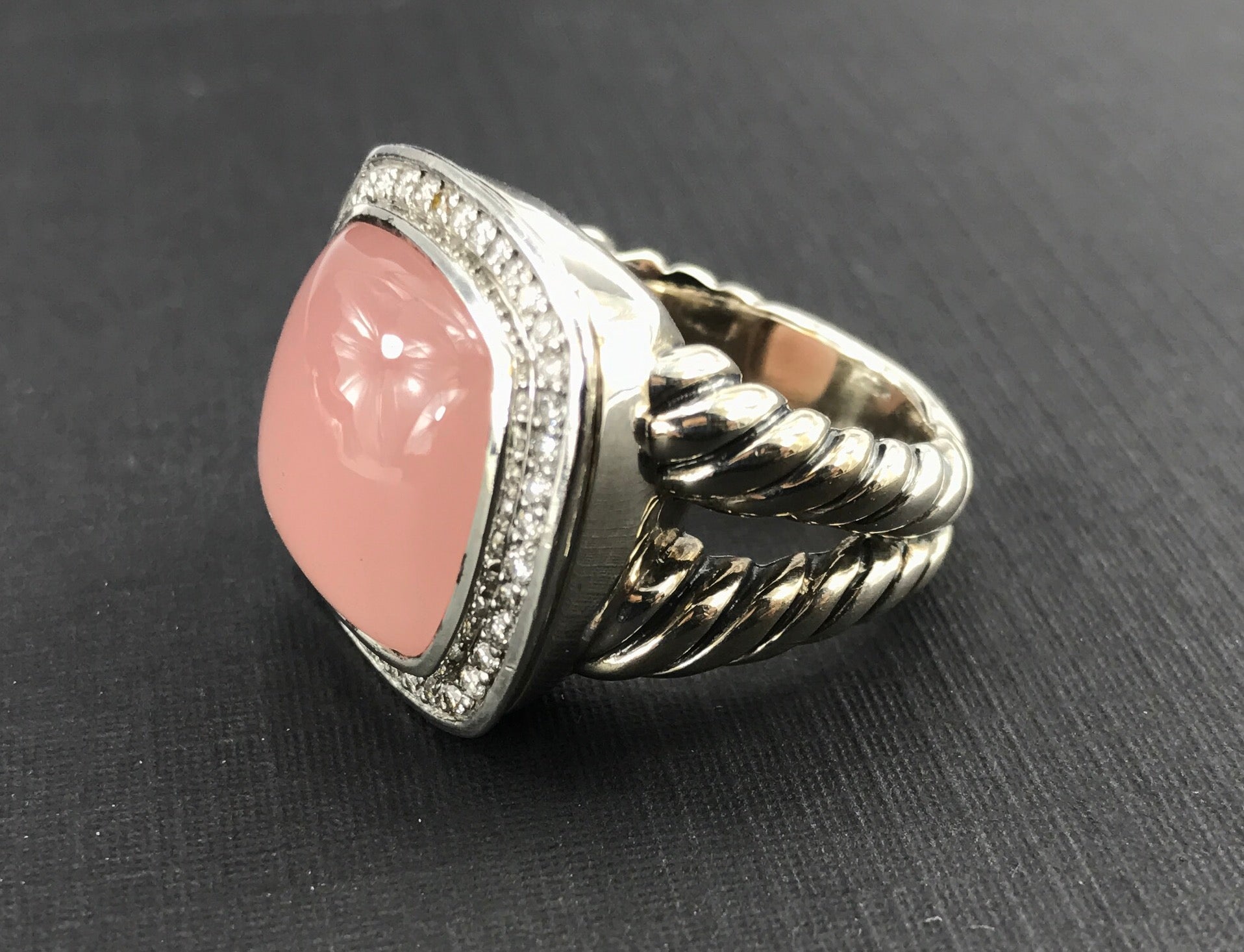 David Yurman Sterling Silver 14mm Rose Quartz & Diamond Albion Ring - Queen May