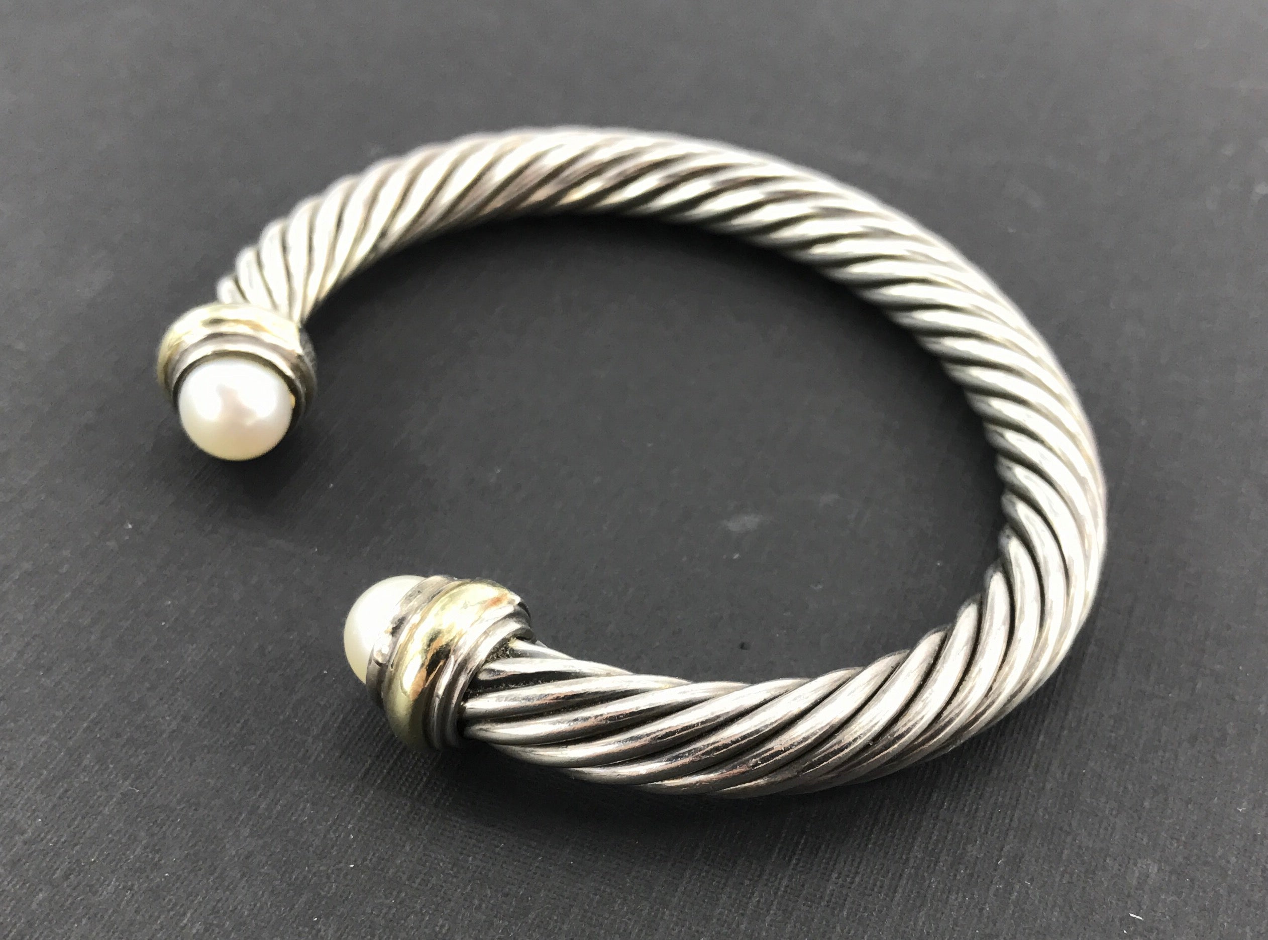 David Yurman Sterling Silver 14K Gold Pearl Classic 7mm Cable Cuff Bracelet - Queen May