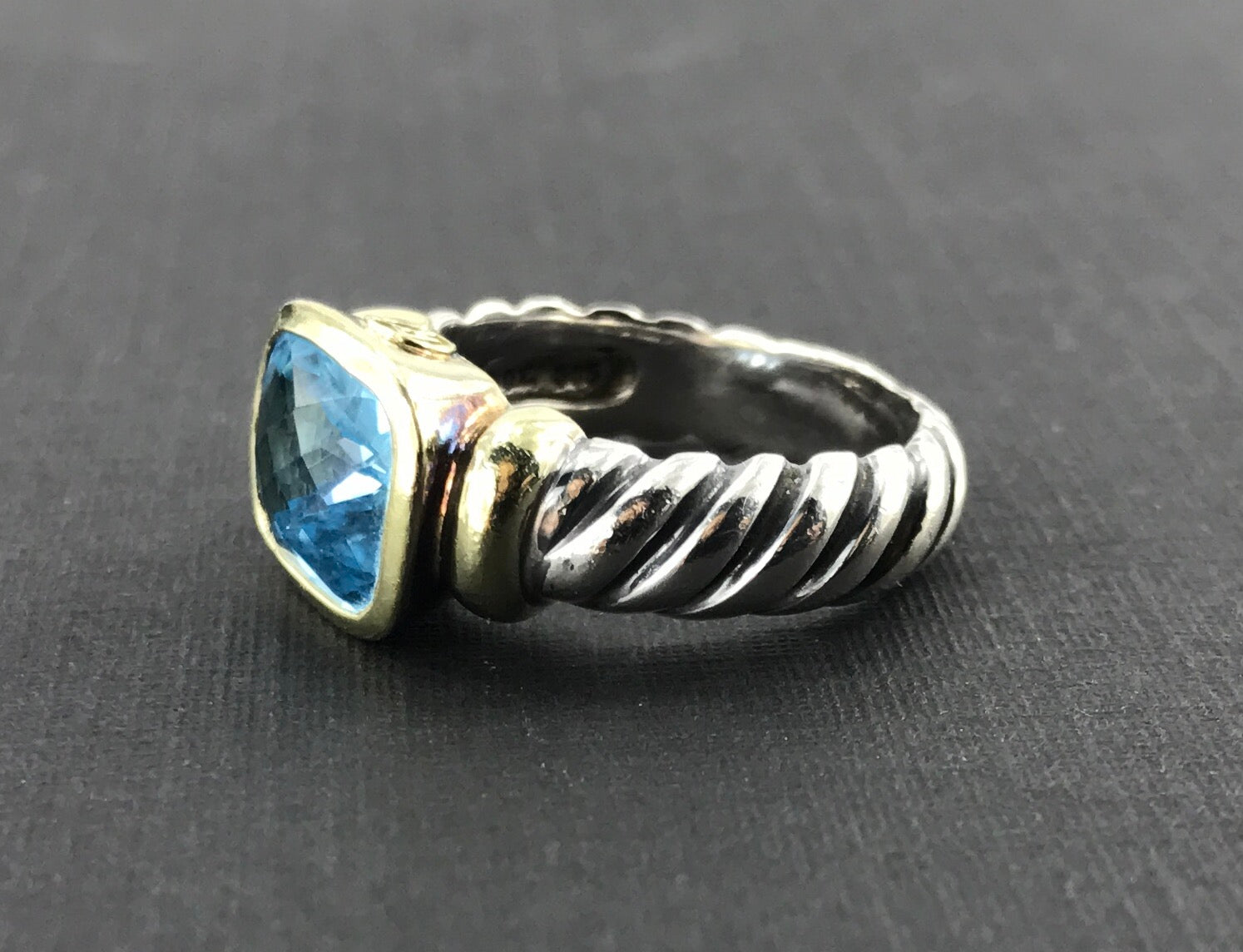 David Yurman Sterling Silver 14 Gold Blue Topaz Noblesse Ring size 6 - Queen May