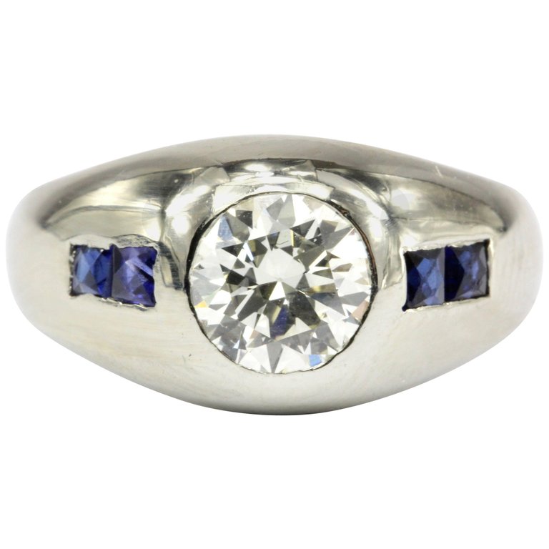 Art Deco 20K White Gold 1 CT Diamond & French Cut Gypsy Ring Size 6.25 - Queen May