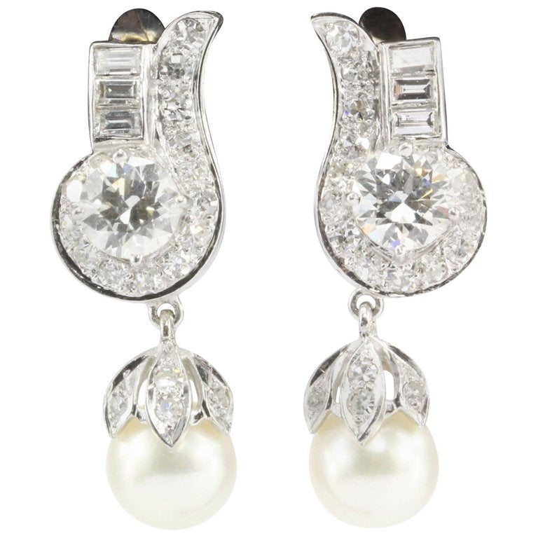 Retro Platinum 2.35CTW Diamond and Pearl Drop Earrings - Queen May