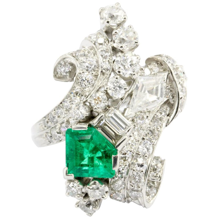 Retro Art Deco Platinum Diamond Emerald Cluster Ring C.1930's - Queen May