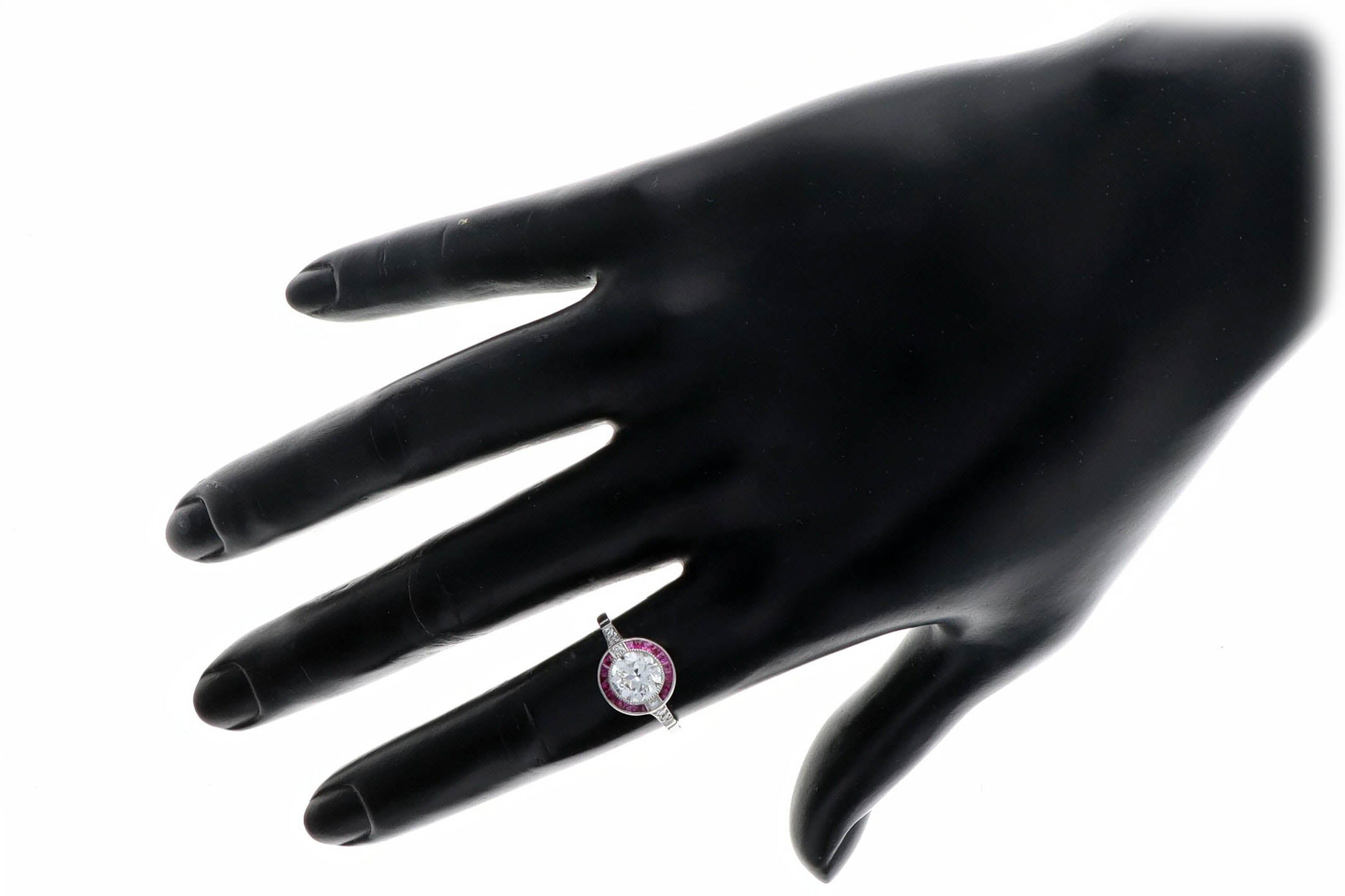 Art Deco Inspired Platinum 1.29 Carat Old European Cut Diamond Ruby Halo Engagement Ring GIA Certified - Queen May