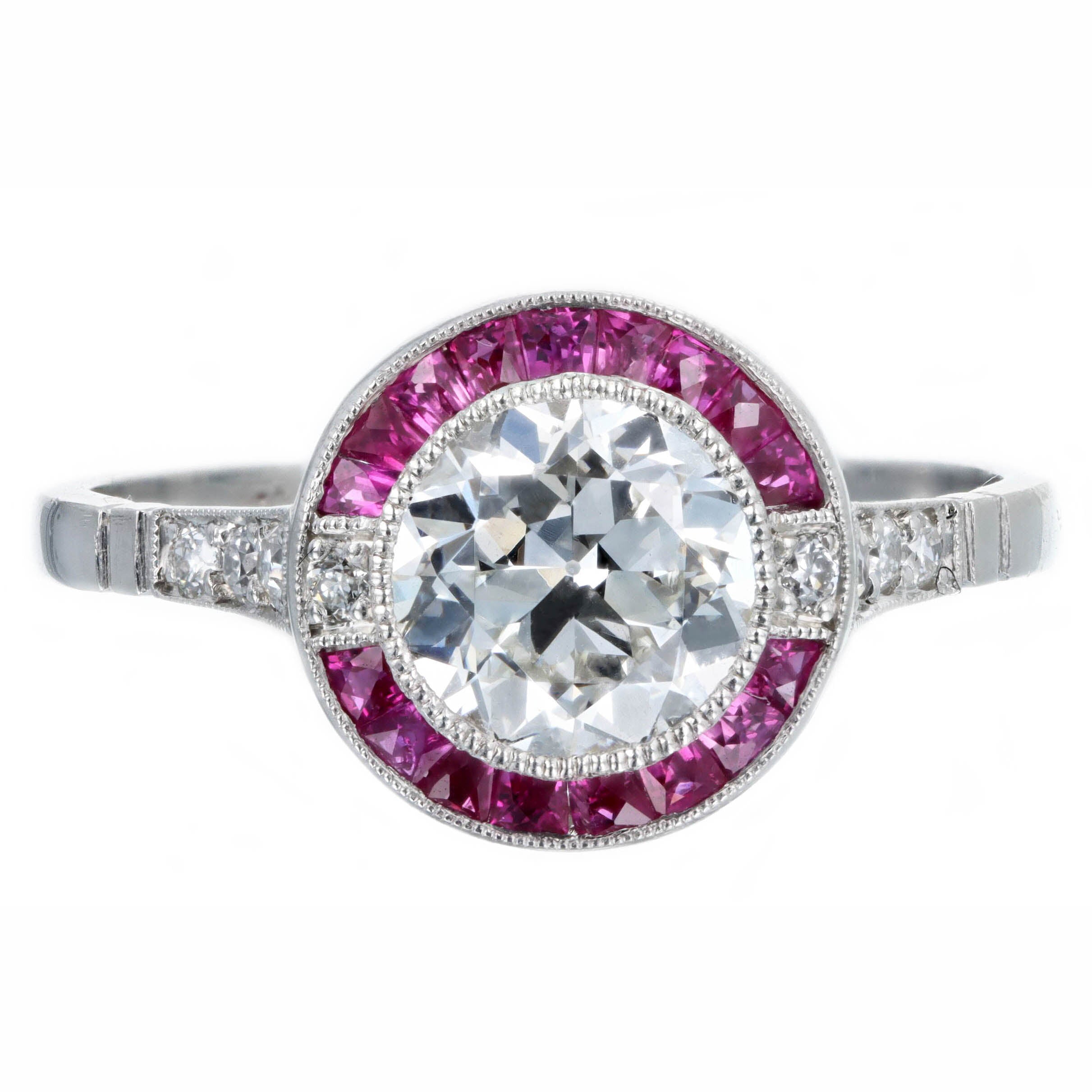 Art Deco Inspired Platinum 1.29 Carat Old European Cut Diamond Ruby Halo Engagement Ring GIA Certified - Queen May