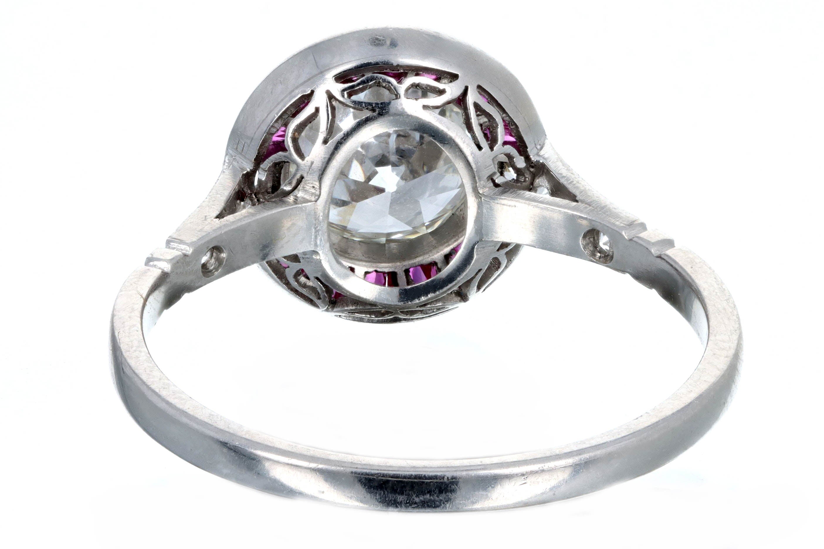 Art Deco Inspired Platinum 1.29 Carat Old European Cut Diamond Ruby Halo Engagement Ring GIA Certified - Queen May